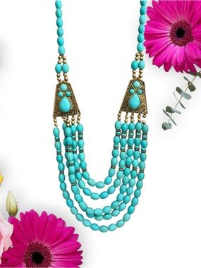 Vintage Boho Multi-Strand Turquoise Beaded Necklace - Unknown Brand